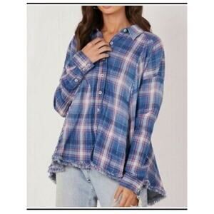 Free People Seeking Starlight Top Sz M NWT Blue Plaid Cotton Raw Hem grunge